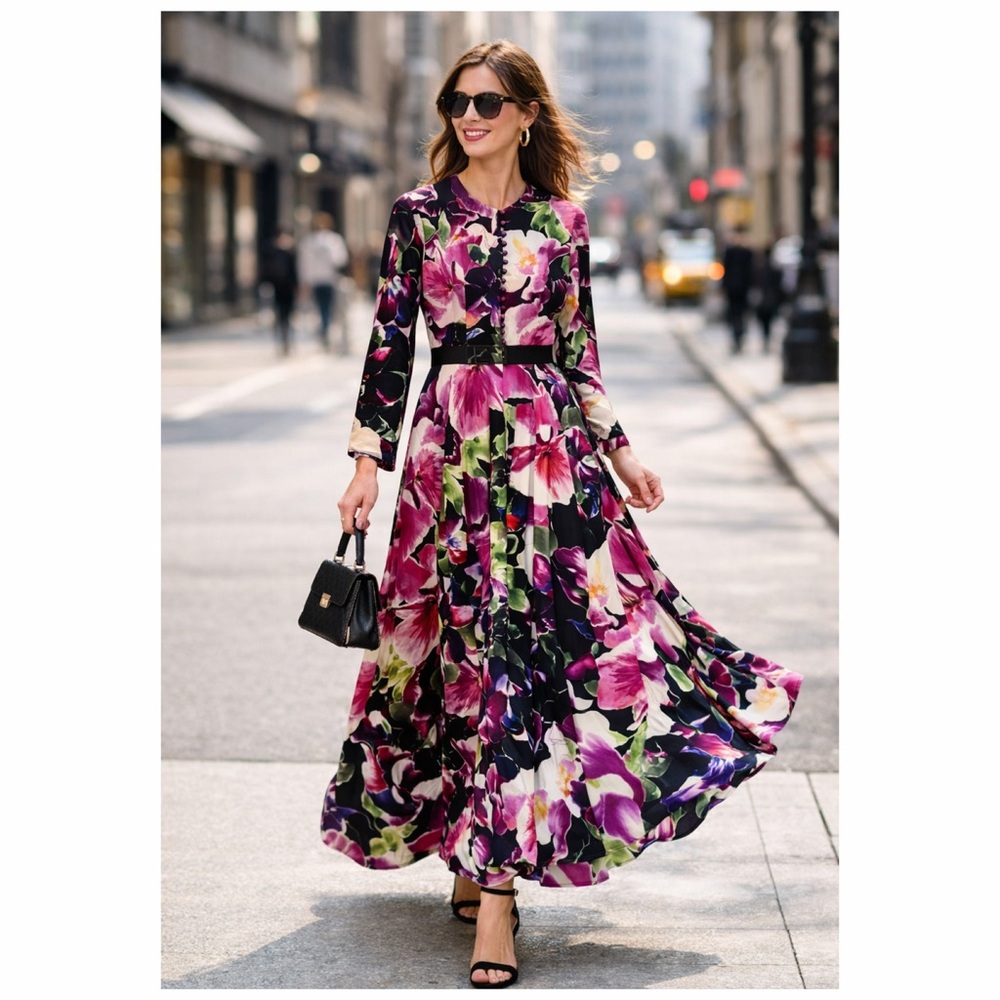 Annah Hariri Pink Green Floral Maxi Dress Long Sleeve Button Front 10 Modest 🟠